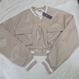 Cropped Beige Bomber Jacket - Women's Faux Leather